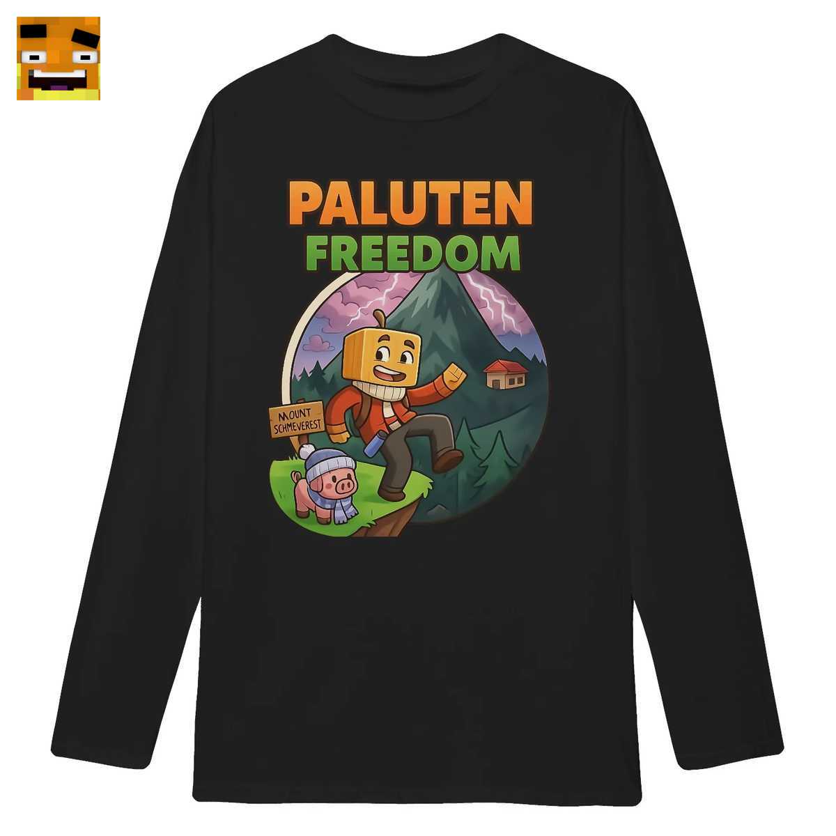 Paluten Merch: Kürbis-Kopf Gamer und Schweinchen Berg Abenteuer - Comic Stil Fan-Shirt 4 Paluten Merch: Kürbis-Kopf Gamer und Schweinchen Berg Abenteuer - Comic Stil Fan-Shirt – Bild 4