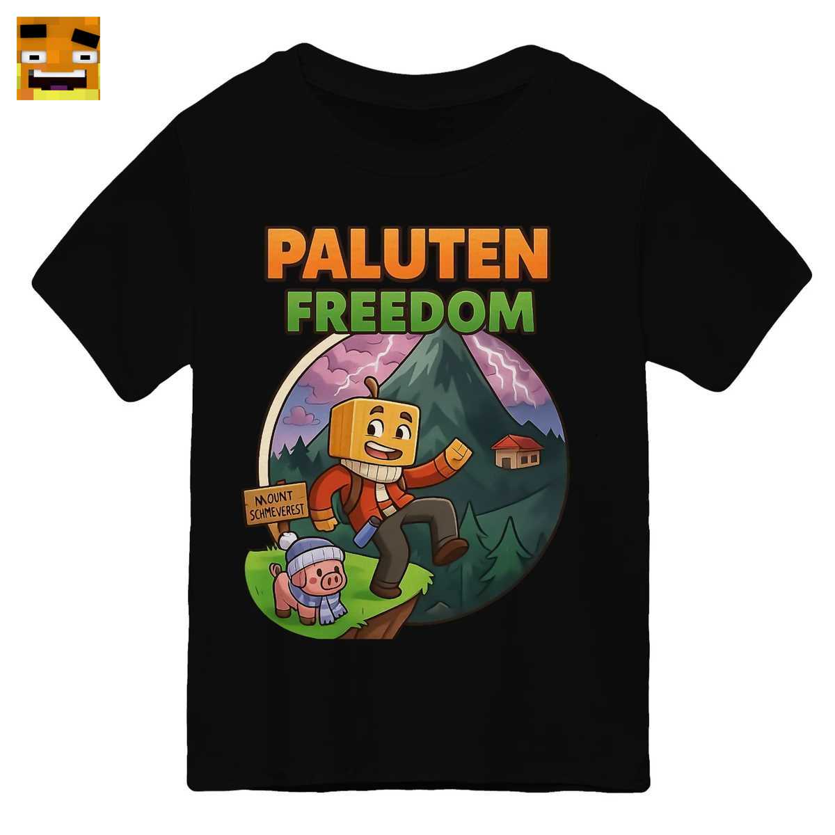 Paluten Merch: Kürbis-Kopf Gamer und Schweinchen Berg Abenteuer - Comic Stil Fan-Shirt 1 Paluten Merch: Kürbis-Kopf Gamer und Schweinchen Berg Abenteuer - Comic Stil Fan-Shirt